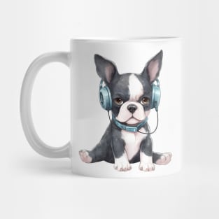 Watercolor Boston Terrier Dog with Headphones Mug